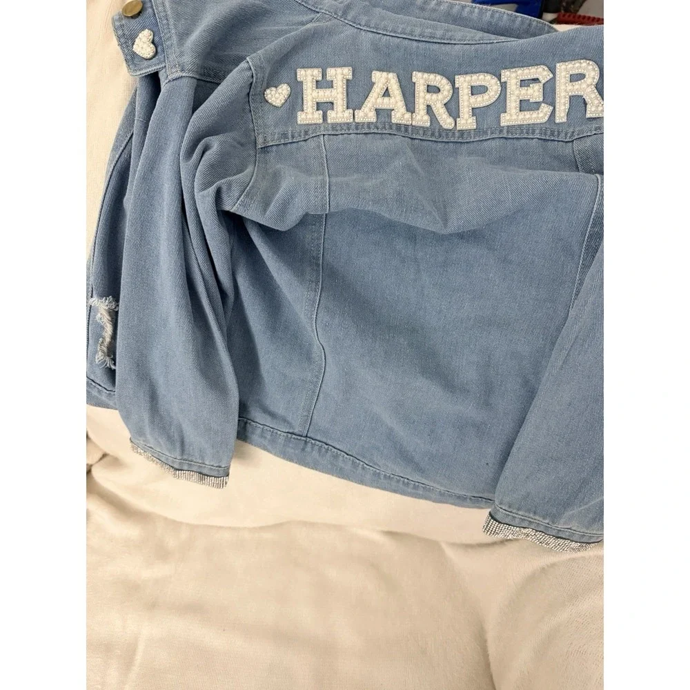 Girls Denim Jacket 7/8Y HARPER Custom Name Pearl Letters Rhinestone Heart Star